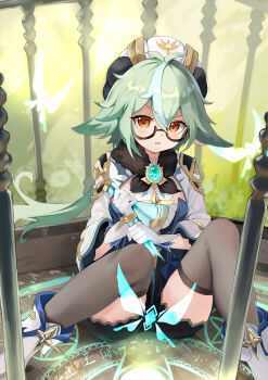 Rule 34 | 1girl, absurdres, anemo symbol (genshin impact), animal ears, black shorts, black thighhighs, breasts, commentary request, genshin impact, glasses, green hair, hat, highres, holding, holding vial, long hair, looking at viewer, magic circle, medium breasts, ntmy4332, open mouth, original, ponytail, shoes, shorts, sitting, solo, sucrose (genshin impact), thighhighs, vial, vision (genshin impact), white hat, white shoes, yellow eyes