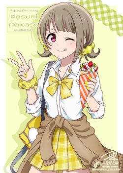 1girl :q bag blush bow bowtie brown_hair cardigan cardigan_around_waist character_name clothes_around_waist commentary_request crepe dated drop_shadow food gyaru gyarugasaki hair_ornament hair_scrunchie happy_birthday highres holding holding_crepe holding_food looking_at_viewer love_live! love_live!_nijigasaki_high_school_idol_club nakasu_kasumi official_alternate_costume official_alternate_hairstyle one_eye_closed open_collar pink_eyes plaid_bow plaid_bowtie plaid_clothes plaid_skirt pleated_skirt ric._(marchen_mozuku) school_bag scrunchie shirt short_hair short_twintails shoulder_bag signature skirt smile solo tongue tongue_out twintails w white_shirt wrist_scrunchie yellow_bow yellow_bowtie yellow_nails yellow_skirt