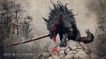 artist_name baloolax beast_of_darkness_(berserk) bell berserk blood cosplay crossover dark_souls_(series) dark_souls_i english_text great_grey_wolf_sif great_grey_wolf_sif_(cosplay) heterochromia highres holding holding_weapon hololive mouth_hold ookami_mio red_eyes ribbon sword tail tail_ornament tail_ribbon torii virtual_youtuber weapon weapon_in_mouth wolf yellow_eyes