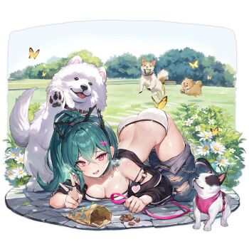 1girl all_fours animal_ear_hairband animal_ears animal_hands aqua_hair arched_back arm_strap ass bag ball bare_shoulders belt bench black_choker black_jacket blush breasts brown_dog bug butt_crack butterfly butterfly_on_ass chain choker cleavage clothes_pull collar collarbone crossed_bangs day denim dog dog_ears dog_request fake_animal_ears flower foliage forced_smile full_body girls'_frontline grass hair_between_eyes hair_ornament hairband hairclip heart heavy_breathing highres holding holding_leash insect jacket jeans jewelry jumping large_breasts leash long_hair looking_at_viewer m327_(cutie_trainer)_(girls'_frontline) m327_(girls'_frontline) medium_breasts o-ring o-ring_arm_strap off_shoulder official_alternate_costume official_art open_clothes open_jacket open_mouth outdoors panties pants pants_pull park path pet_food ponytail purple_belt red_eyes ring road shoes sneakers solo stone_floor strapless striped_clothes striped_jacket sweat tennis_ball third-party_source tongue tongue_out torn_clothes torn_jeans torn_pants transparent_background tree tube_top underwear v vertical-striped_clothes vertical-striped_jacket waving white_dog white_flower white_panties white_shoes white_tube_top whoisshe yellow_butterfly