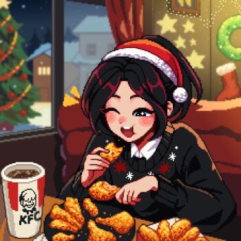 1girl artist_self-insert black_eyes black_hair black_sweater blurry blush chicken_(food) christmas christmas_stocking christmas_tree commentary curtains depth_of_field eating english_commentary food fried_chicken high_ponytail highres indoors kfc night one_eye_closed open_mouth original pixel_art ponytail sky slice_of_life snow solo star_(sky) star_(symbol) sweater wreath yumykon yumykon_(yumykon)