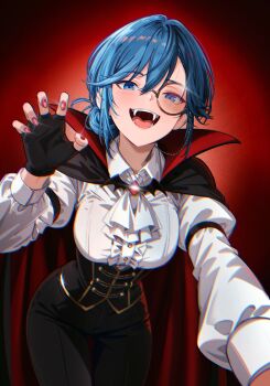 Rule 34 | 1girl, artist request, black corset, black gloves, black pants, blue eyes, blue hair, blush, brown-framed eyewear, collared shirt, corset, fangs, fingerless gloves, gloves, hair between eyes, highres, leaning forward, long sleeves, looking at viewer, monocle, monocle chain, naomi bluebird, open mouth, pants, red background, red nails, second-party source, shirt, short hair, smile, teeth, tongue, vampire, we love cold war, white shirt