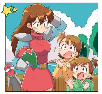 &gt;:d 3girls :d armor belt blue_belt blue_eyes brown_hair cloud cloudy_sky dress female_focus fence futami_ami futami_mami gloves green_sweater grey_gloves hair_ornament hand_on_own_head hand_on_own_hip helmet hoop idolmaster idolmaster_(classic) kanda_momo multiple_girls open_mouth pauldrons red_dress short_dress shoulder_armor side_ponytail sky smile sparkle standing star_(symbol) sweater tree tsubobot turtleneck turtleneck_dress unworn_headwear unworn_helmet water wonder_momo yellow_sweater