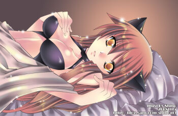 1girl 2000s_(style) animal_ears black_bra blanket bra breasts brown_background brown_hair cat_ears cat_girl cleavage commentary dated english_commentary izumishibo long_hair looking_at_viewer lying medium_breasts on_back open_mouth ragnarok_online solo stalker_(ragnarok_online) underwear upper_body watermark web_address yellow_eyes