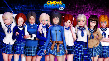 3d 3dlo absurdres arm_behind_back blonde_hair breasts child glasses highres imminent_orgy medium_breasts mesugaki plaid_clothes plaid_skirt red_hair school_uniform skirt