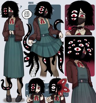 1girl absurdres black_hair black_tongue blue_dress brown_jacket candy character_name collared_shirt dress eldritch_abomination english_text food highres holding holding_candy holding_food holding_lollipop jacket justadrian_(yoadriandk) lollipop making-of_available mask monster_girl mouth_mask multiple_views neckerchief original pleated_dress red_eyes red_neckerchief school_uniform shirt short_hair tears tentacles tentacles_under_clothes too_many_eyes white_shirt
