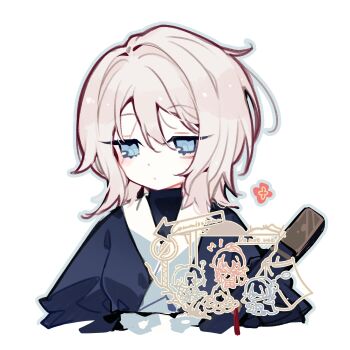 1girl black_shirt blade_lineage_(identity)_(project_moon) blue_coat blush closed_mouth coat commentary_request commission faust_(project_moon) highres homura792 limbus_company looking_at_viewer project_moon scar scar_across_eye scar_on_face shirt short_hair simple_background solo undershirt white_background white_hair