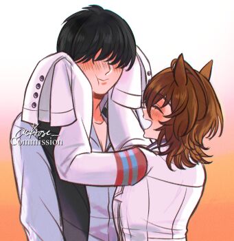 1boy 1girl :d ackrose agnes_tachyon_(tach-nology)_(umamusume) agnes_tachyon_(umamusume) ahoge animal_ears blush brown_hair closed_eyes flustered hair_over_eyes hair_over_face hands_on_another's_face horse_ears horse_girl lab_coat long_sleeves medium_hair open_mouth oversized_clothes smile trainer_(umamusume) umamusume