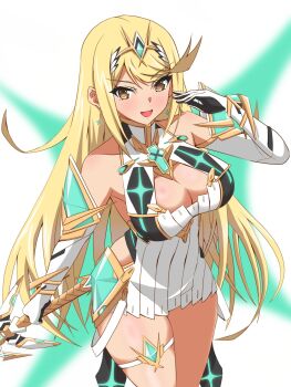 1girl :d bare_shoulders blonde_hair breasts cleavage cleavage_cutout clothing_cutout commentary_request dress earrings elbow_gloves flagman_11 gloves highres jewelry large_breasts long_hair looking_at_viewer mythra_(xenoblade) open_mouth short_dress smile solo swept_bangs thigh_strap very_long_hair white_dress white_gloves xenoblade_chronicles_(series) xenoblade_chronicles_2 yellow_eyes