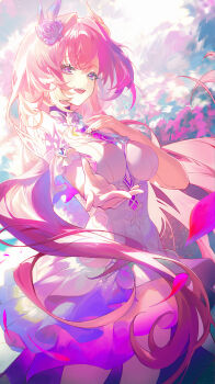 1girl absurdres bare_shoulders breasts commentary cyrene_(honkai:_star_rail) cyrene_(ripples_of_past_reverie)_(honkai:_star_rail) dress flower hair_flower hair_intakes hair_ornament hand_on_own_chest hashtag-only_commentary highres honkai:_star_rail honkai_(series) large_breasts long_hair looking_at_viewer offering_hand open_mouth pink_flower pink_hair pink_petals pink_rose purple_eyes rose smile solo totomong very_long_hair white_dress