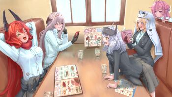 absurdres alternate_costume blonde_hair blue_eyes blush braid breasts closed_mouth cross cross_facial_mark cross_necklace cross_tattoo dorothy_(nikke) facial_mark female_pervert flower-shaped_hair gloves goddess_(nikke) goddess_of_victory:_nikke grey_hair habit hair_between_eyes hair_bun hair_intakes heart heart-shaped_pupils highres holding holding_magazine horns jewelry large_breasts liliweiss_(nikke) long_braid long_hair long_sleeves magazine_(object) manga_(object) mechanical_horns menu multiple_girls necklace nun one_eye_closed open_mouth pervert pink_hair pleated_skirt pornography purple_eyes purple_ribbon rapunzel_(nikke) rapunzel_(pure_grace)_(nikke) reading red_hair red_hood_(nikke) red_scarf restaurant ribbon rilyriri sailor_collar scarf scarlet_(black_shadow)_(nikke) scarlet_(nikke) school_uniform serafuku shiny_eyes short_hair single_side_bun skirt smile snow_white_(innocent_days)_(nikke) snow_white_(nikke) symbol-shaped_pupils table tattoo very_long_hair visor_(armor) visor_lift white_hair yellow_eyes