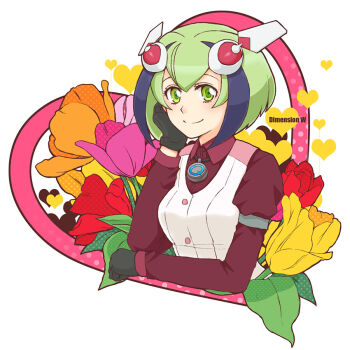 1girl android black_gloves blue_streaks buttons coil_(dimension_w) commentary_request copyright_name dimension_w flower gloves green_eyes green_hair heart looking_at_viewer orange_flower pink_flower red_flower red_shirt robot_ears robot_girl shirt sio_(rough) smile solo upper_body vest white_background white_vest yellow_flower yurizaki_mira