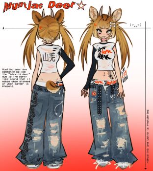 >:) 1girl animal_ear_piercing animal_ears animal_name anti-eyebrow_piercing antlers arms_at_sides artist_name back_piercing baggy_pants ball belt billiard_ball black_belt black_choker black_nails black_sleeves blonde_hair bone_hair_ornament boyshort_panties breasts cheek_piercing chinese_text choker clothes_writing colored_tips commentary cropped_shirt deer_antlers deer_ears deer_girl deer_tail denim earbuds earphones emoticon english_commentary english_text eyelashes face_piercing facing_away fangs fangs_out fashion full_body gradient_background green_eyes grey_shoes hair_ornament hairclip hand_on_own_hip hime_cut hip_piercing horns jeans kaomoji large_breasts lowleg lowleg_pants midriff midriff_tattoo multicolored_hair multiple_views nail_polish o-ring o-ring_choker open_belt open_fly orange_outline original outer_glow outline panties pants parallel_hairclips piercing print_panties print_pants red_background reference_sheet shirt shoes short_eyebrows single_sleeve skellykou sleeveless sleeveless_shirt sleeves_past_wrists small_horns sneakers solo standing star_(symbol) star_piercing star_tattoo stomach_piercing straight-on streetwear studded_belt tail tattoo torn_clothes torn_jeans torn_pants torn_shirt turnaround twintails two-tone_background two-tone_hair underwear v-shaped_eyebrows wallet_chain white_background white_panties white_shirt