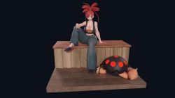 1girl 3d animated arm_rest arm_support ass bandeau bare_arms bare_shoulders beer_can belt bench black_background black_shell blush breasts can cleavage closed_mouth collarbone creature crop_top denim drink_can ear_blush eyelashes fingernails flannery_(pokemon) full_body gen_3_pokemon green_pants gym_leader hair_tie high_ponytail highres holding holding_can jeans knee_up large_breasts long_hair medium_hair midriff navel nintendo no_socks pants pokemon pokemon_(creature) pokemon_oras ponytail red_bandeau red_eyes red_hair shell shiny_skin shirt simple_background sitting sleeping sleeveless slippers smile solo swept_bangs tagme thighs tied_shirt topless_female torkoal towel towel_around_neck turtle usukeninja v-shaped_eyebrows video wet white_belt wooden_floor x_(symbol)