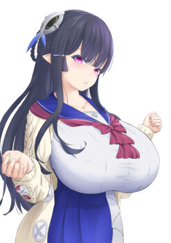 Rule 34 | 1girl, anette (pso2), black hair, braid, breasts, hair ornament, highres, huge breasts, long hair, lv 249, phantasy star, phantasy star online 2, pointy ears, purple eyes, solo, standing