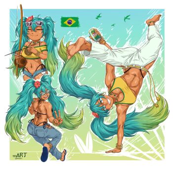 1girl anklet aqua_eyes aqua_hair barefoot bead_choker bikini bikini_under_clothes bird black_bikini blue_footwear blue_pants blue_shorts bow_(weapon) bracelet brazilian_flag brazilian_miku breasts can capoeira closed_eyes earrings exposed_pocket eyewear_on_head flip-flops flower gold_earrings gradient_hair green_hair green_nails guarana_antarctica hair_flower hair_ornament hatsune_miku highres holding holding_can hoop_earrings jewelry large_breasts looking_at_viewer m4rsart micro_shorts midriff multicolored_hair multiple_bracelets multiple_views navel navel_piercing off-shoulder_shirt off_shoulder open_mouth pants parted_lips piercing red_flower sandals shirt short_sleeves shorts shorts_tan smile sports_bra sunglasses swimsuit tan tanline twitter_username vocaloid weapon white-framed_eyewear white_pants yellow_nails yellow_shirt yellow_sports_bra