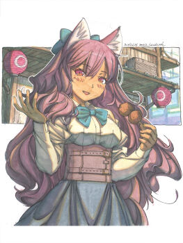 1girl animal_ear_fluff animal_ears architecture belt blue_skirt blush border bow commentary_request corset dango day east_asian_architecture food fox_ears fox_girl hair_between_eyes hair_bow hand_up highres holding holding_food long_hair looking_at_viewer making-of_available meiz original outdoors outline painting_(medium) parted_lips red_eyes red_lips scenery shikishi shirt skirt talking tan traditional_media wagashi watercolor_(medium) wavy_hair white_border white_outline white_shirt