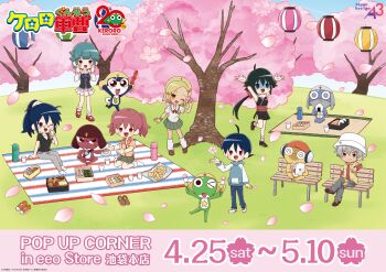 Rule 34 | angol mois, azumaya koyuki, belt, black hair, blue hair, cherry blossoms, copyright name, dororo (keroro gunsou), frog, giroro, glasses, grey hair, hanami, hat, headphones, highres, hinata aki, hinata fuyuki, hinata natsumi, hood, hoodie, houjou mutsumi, jacket, keroro, keroro gunsou, kururu (keroro gunsou), long hair, mask, mouth mask, multiple boys, multiple girls, ninja mask, nishizawa momoka, official art, pants, red hair, school uniform, serafuku, shirt, short hair, skirt, sleeveless, socks, tail, tamama