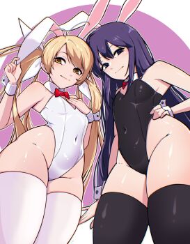 animal_ears aoi_sena bare_arms black_socks blonde_hair bow breasts chaos;head chaos;head_love_chu_chu! flat_chest hair_bow hand_on_own_chest hand_on_own_hip highres jenocidero long_hair orihara_kozue playboy_bunny purple_eyes purple_hair rabbit_ears red_bow science_adventure simple_background small_breasts smirk smug socks thighs twintails white_socks