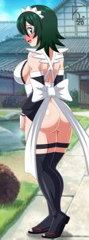 1girl 2010s ass black_hair blue_eyes blush breasts cowboy_shot detached_sleeves embarrassed exhibitionism female_focus huge_ass iroha_(samurai_spirits) japanese_clothes large_breasts maid maid_headdress no_bra no_leotard no_panties open_mouth outdoors pk-studios public_indecency samurai_spirits sash short_hair smile snk solo standing thigh_strap thighhighs wide_hips