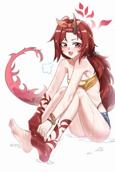 1girl :d absurdres barefoot bikini blue_archive blue_shorts blush bracelet breasts commentary_request dragon_girl dragon_horns dragon_tail fang feet forehead full_body hair_slicked_back halo highres horns jewelry knees_up long_hair looking_at_viewer low_ponytail official_alternate_costume official_alternate_hairstyle open_mouth ponytail puff_of_air red_eyes red_hair red_halo renge_(blue_archive) renge_(swimsuit)_(blue_archive) shangdi_de_fa_zhang short_shorts shorts simple_background single_horn sitting small_breasts smile soles solo swimsuit tail thighs toes v-shaped_eyebrows wet wet_hair white_background yellow_bikini