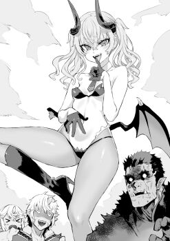 &gt;_&lt; 2boys 2girls amputee asanagi asymmetrical_wings bash_(orc_eiyuu_monogatari) boots breasts bright_pupils brother_and_sister demon_girl demon_horns demon_wings fang fangs gloves greyscale heart heart-shaped_eyes high_heel_boots high_heels highres holding_back horns long_hair ludo_(orc_eiyuu_monogatari) luka_(orc_eiyuu_monogatari) monochrome multiple_boys multiple_girls naughty_face navel novel_illustration official_art ogre orc orc_eiyuu_monogatari outdoors pantyhose scar scar_across_eye scar_on_face sharp_teeth siblings single_horn small_breasts solo_focus stomach sweat teeth thighs tongue tongue_out tusks twins upper_teeth_only venus_(orc_eiyuu_monogatari) wide_hips wings