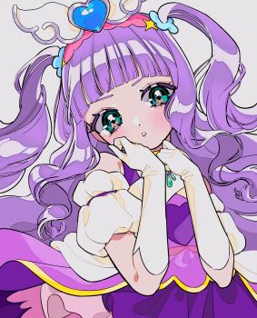 Rule 34 | 1girl, absurdres, amaharu wasure, aqua eyes, brooch, clothing cutout, commentary, cure majesty, dress, elbow gloves, ellee-chan, frown, gloves, hair ornament, head tilt, highres, hirogaru sky! precure, jewelry, long hair, looking at viewer, magical girl, parted lips, precure, purple dress, purple hair, short sleeves, shoulder cutout, solo, two side up, untranslatable commentary, very long hair, white gloves, wing brooch, wing hair ornament