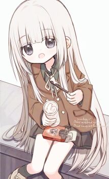 1girl :d black_skirt black_socks brown_jacket collared_shirt cup disposable_cup drinking_straw food healer_girl_(yuuhagi_(amaretto-no-natsu)) holding holding_cup jacket long_hair long_sleeves open_mouth original pleated_skirt shirt shoes sitting skirt smile socks solo very_long_hair watermark white_background white_hair yuuhagi_(amaretto-no-natsu)