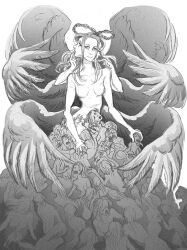 Rule 34 | abby howard, breasts, concept art, extra arms, extra faces, feathered wings, long hair, monochrome, multiple heads, official art, slay the princess, smile, the shifting mound (slay the princess), white background, wings