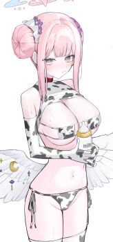 1girl absurdres bare_shoulders bikini blue_archive blush breasts cleavage eyepatch_bikini feathered_wings halo highres large_breasts long_hair looking_at_viewer mika_(blue_archive) navel nephthys2356 pink_hair solo swimsuit thighs white_bikini white_wings wings yellow_eyes