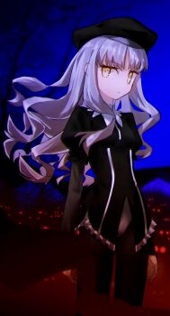 1girl beret black_hat black_shirt bodysuit breasts caren_hortensia commentary_request fate/hollow_ataraxia fate_(series) grey_bodysuit hat highres juliet_sleeves leotard long_hair long_sleeves looking_at_viewer puffy_sleeves shirt sidelocks small_breasts solo white_hair white_leotard yellow_eyes yubeshi_(zecxl)