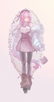 Rule 34 | 1girl, ;), absurdres, alternate costume, bag, beret, black pantyhose, blue eyes, breasts, coat, dated, elysia (honkai impact), full body, fur-trimmed coat, fur trim, handbag, hat, highres, holding, holding bag, honkai (series), honkai impact 3rd, large breasts, long hair, looking at viewer, one eye closed, pantyhose, pink hair, purple skirt, revision, seawave02974, shirt, simple background, skirt, smile, solo, tachi-e, very long hair, white coat, white shirt