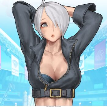 1girl angel_(kof) arms_behind_head arms_up belt blue_bra blue_eyes bra breasts cleavage crop_top cropped_jacket curious hair_over_one_eye hands_in_own_hair jacket large_breasts leather leather_jacket official_art snk solo stomach strapless strapless_bra the_king_of_fighters the_king_of_fighters_xiv toned toned_female underwear