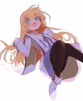 Rule 34 | 1girl, absurdres, black pantyhose, blonde hair, blue eyes, blush, boots, choker, colette brunel, dress, hair between eyes, highres, long hair, long sleeves, looking at viewer, nancykittyu, open mouth, pantyhose, simple background, sleeves past wrists, smile, solo, tales of (series), tales of symphonia, white background, white boots, white dress