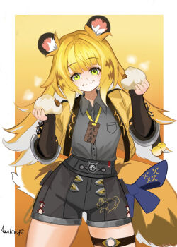 Rule 34 | 1girl, animal ear fluff, animal ears, azuki pii, bow, collared shirt, commentary request, eating, fingerless gloves, food, food on face, gloves, green eyes, grey shirt, head tilt, high-waist shorts, highres, jacket, ju fufu, long hair, looking at viewer, orange fur, shirt, shorts, smile, solo, steamed bun, striped fur, striped hair, tail, tail bow, tail ornament, thigh strap, tiger ears, tiger girl, tiger stripes, tiger tail, yellow jacket, zenless zone zero