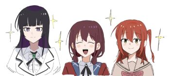 3girls black_hair black_ribbon bocchi_the_rock! bow bowtie brown_hair center_frills chinese_commentary closed_eyes colored_inner_hair commentary_request crossover frills genre_connection girls_band_cry haidao_mao hair_between_eyes highres iseri_nina kita_ikuyo kurogane_otoha long_hair low_twintails multicolored_hair multiple_girls neck_ribbon one_side_up open_mouth purple_eyes purple_hair red_bow red_bowtie red_hair ribbon rock_wa_lady_no_tashinami_deshite short_hair short_twintails simple_background sparkle trait_connection twintails upper_body white_background yellow_eyes