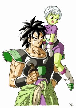 1boy 1girl armor black_armor black_hair bodysuit breasts broly_(dragon_ball_super) carrying cheelai colored_skin dragon_ball dragon_ball_super dragon_ball_super_broly eating food green_skin hands_on_own_hips highres holding holding_food kakeru_(dbskakeru) medium_hair muscular muscular_male purple_bodysuit purple_eyes scar scar_on_face short_hair shoulder_carry simple_background spiked_hair white_background white_hair
