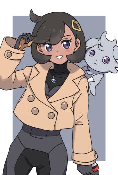 1girl absurdres black_bodysuit black_hair bodysuit bodysuit_under_clothes brown_jacket collared_jacket commentary_request cowboy_shot emma_(pokemon) espurr eyelashes gen_6_pokemon gloves grey_background grey_eyes grin hair_ornament hand_up highres holding holding_poke_ball jacket koto_noha light_blush long_sleeves nintendo poke_ball poke_ball_(basic) pokemon pokemon_(creature) pokemon_legends:_z-a short_hair smile teeth