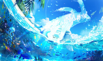 absurdres beach beluga_whale cloud commentary_request coral_reef fish highres jellyfish makoron117117 no_humans original palm_tree signature tree water