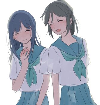 2girls black_hair blue_hair blue_sailor_collar blue_skirt blush closed_eyes closed_mouth commentary green_necktie hibike!_euphonium highres kasaki_nozomi kitauji_high_school_uniform liz_to_aoi_tori long_hair multiple_girls necktie open_mouth pleated_skirt ponytail ryokuta sailor_collar school_uniform serafuku shirt simple_background skirt smile white_background white_shirt yoroizuka_mizore