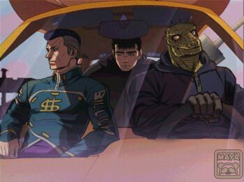 3boys animal_head berserk caiman_(dorohedoro) car car_interior crossover diamond_wa_kudakenai dorohedoro draw_your_comfort_characters_(meme) driving green_scales guts_(berserk) highres jojo_no_kimyou_na_bouken male_focus maya_panda meme motor_vehicle multiple_boys nijimura_okuyasu pectorals reptile_boy scar smile steering_wheel upper_body