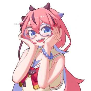 1other bead_bracelet beads bespectacled blue_eyes bracelet commentary_request glasses gynoid_talk hands_on_own_cheeks hands_on_own_face highres horns jewelry kanbaru_mitsuki long_hair looking_at_viewer meika_hime nail_polish open_mouth other_focus pink_hair red_nails sailor_collar simple_background sleeveless smile solo upper_body vocaloid watermark white_background