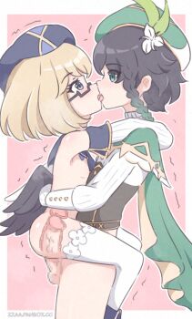 1boy 1girl arms_around_neck artist_name beret black_hair black_wings blonde_hair blue_eyes blue_hat bottomless braid brown_corset cape censored clothed_male_nude_female collar commission completely_nude corset deep_penetration detached_collar detached_sleeves fanbox_username flat_chest french_kiss from_side genshin_impact glasses gradient_hair green_cape green_eyes green_hair green_hat hat hetero hug kiss loli long_sleeves looking_at_another medium_hair mosaic_censoring multicolored_hair nipples nude oc_x_canon original penis pink_background sex shiny_skin standing standing_sex testicles thighhighs tongue tongue_out trembling two-tone_hair vaginal variant_set venti_(genshin_impact) white_background white_thighhighs white_wings wings x-ray zz_(user_hvth7832)