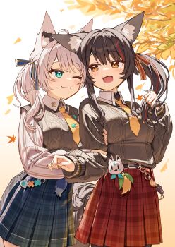 2girls :3 :d ;3 absurdres ahoge animal_ear_piercing animal_ears aqua_eyes aran_sweater autumn_leaves belt black_belt black_hair blue_ribbon blue_skirt brown_sweater brown_vest cable_knit closed_mouth collared_shirt commentary_request deaver extra_ears falling_leaves fox_ears fox_girl grabbing_another's_arm hair_ribbon hand_up highres hololive leaf long_hair long_sleeves looking_at_another multicolored_hair multiple_girls necktie official_alternate_costume one_eye_closed ookami_mio ookami_mio_(10th_costume) open_mouth outdoors plaid_clothes plaid_skirt puffy_long_sleeves puffy_sleeves red_hair red_ribbon red_skirt ribbon shirakami_fubuki shirakami_fubuki_(11th_costume) shirt short_necktie side_ponytail sidelocks skirt smile streaked_hair striped_clothes striped_shirt sukonbu_(shirakami_fubuki) sweater sweater_tucked_in sweater_vest swept_bangs tail v-neck vertical-striped_clothes vertical-striped_shirt vest virtual_youtuber white_hair white_shirt wolf_ears wolf_girl wolf_tail yellow_eyes yellow_necktie yuri