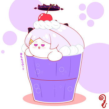 Rule 34 | :d, blue archive, blush, cherry, chibi, colored shadow, commentary request, cup, drinking glass, food, food in hair, food on hair, food on head, fruit, grey hair, hair ornament, hairclip, halo, highres, hina (blue archive), horns, kurukurumagical, object on head, open mouth, parted bangs, purple eyes, shadow, smile, solo, translation request, white background