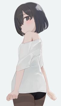 Rule 34 | 1girl, bare shoulders, black eyes, black hair, black panties, brown pantyhose, closed mouth, commentary, hair over one eye, highres, hiroki (yyqw7151), looking at viewer, original, panties, panties over pantyhose, pantyhose, shirt, short hair, simple background, solo, t-shirt, thighband pantyhose, underwear, white background, white shirt