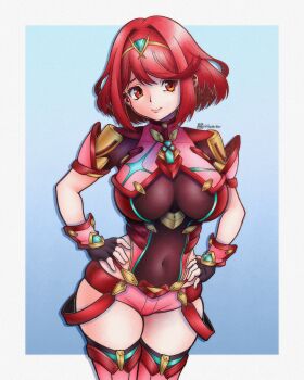 1girl absurdres antilerhour artist_name blue_background bob_cut border breasts brown_gloves chest_jewel closed_mouth commentary core_crystal_(xenoblade) covered_navel cowboy_shot fingerless_gloves gem gloves green_gemstone hands_on_own_hips highres impossible_clothes large_breasts looking_at_viewer outside_border pyra_(xenoblade) red_eyes red_hair red_shorts short_hair short_shorts shorts solo tiara white_border xenoblade_chronicles_(series) xenoblade_chronicles_2