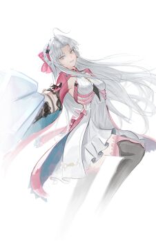 1girl absurdres aiming aiming_at_viewer black_boots black_gloves blue_eyes boots bow breasts carlotta_(wuthering_waves) commentary cropped_legs deardd dress gloves grey_hair gun hair_bow hairband highres holding holding_gun holding_weapon jacket long_hair looking_at_viewer medium_breasts parted_bangs parted_lips pink_bow pink_hairband pink_jacket pink_thighhighs sidelocks simple_background smile solo striped_bow thigh_boots thighhighs thighhighs_under_boots weapon white_background white_dress wuthering_waves