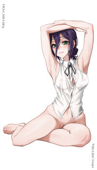 1girl absurdres armpits arms_up black_ribbon bottomless breasts bucho_sama chainsaw_man closed_mouth covered_erect_nipples feet green_eyes hair_between_eyes hair_bun highres medium_breasts navel neck_ribbon purple_hair pussy pussy_peek red_pupils reze_(chainsaw_man) ribbon shirt simple_background sleeveless sleeveless_shirt solo white_background white_shirt