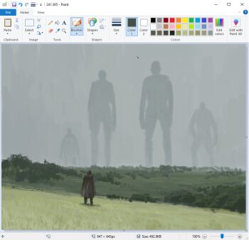5others art_program_in_frame blurry christian_young cloak commentary depth_of_field forest full_body fur_collar giant hill microsoft_paint_(medium) microsoft_paint_(software) mini_person multiple_others muted_color nature original outdoors painterly screencap standing tree